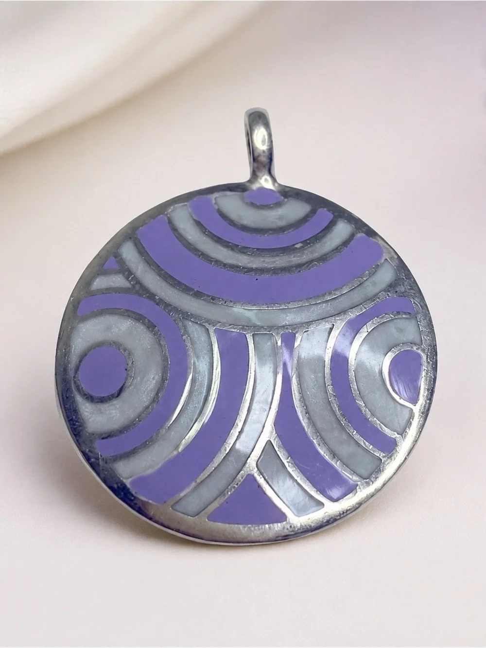 925 Silver Purple Enamel Round Pendant Unisex Statement Jewelry